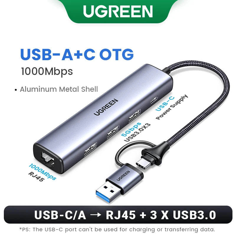 UGREEN USB Ethernet Adapter 1000/100Mbps USB3.0 HUB RJ45 Lan for Laptop PC Xiaomi Mi Box Macbook Windows USB-C HUB Network Card