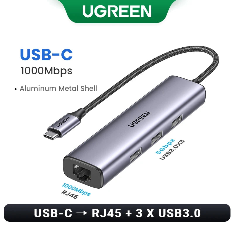 UGREEN USB Ethernet Adapter 1000/100Mbps USB3.0 HUB RJ45 Lan for Laptop PC Xiaomi Mi Box Macbook Windows USB-C HUB Network Card