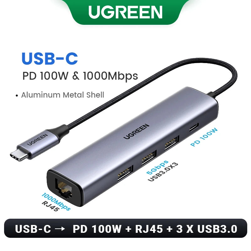 UGREEN USB Ethernet Adapter 1000/100Mbps USB3.0 HUB RJ45 Lan for Laptop PC Xiaomi Mi Box Macbook Windows USB-C HUB Network Card