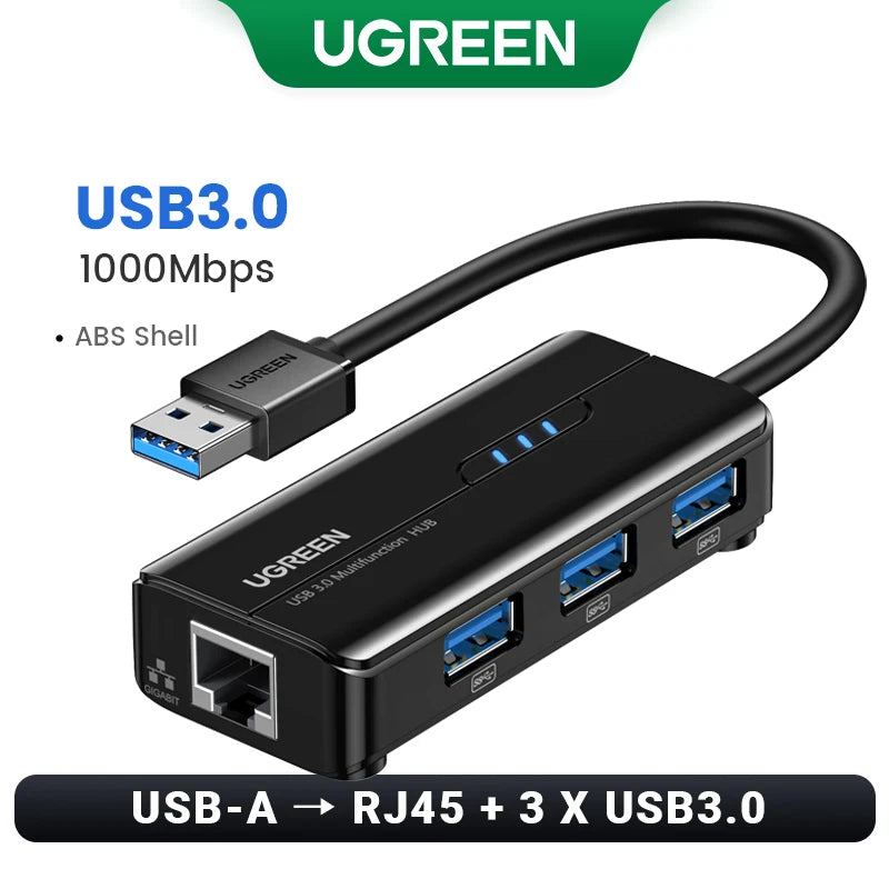 UGREEN USB Ethernet Adapter 1000/100Mbps USB3.0 HUB RJ45 Lan for Laptop PC Xiaomi Mi Box Macbook Windows USB-C HUB Network Card