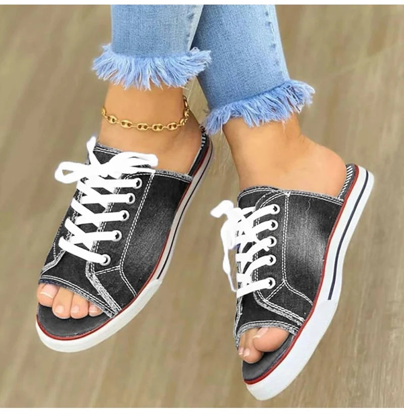 Ladies Slippers Canvas  Lace-up  Open-toed New Flat-Bottom  Casual Women Fashion Denim Beach Shoes 35-43