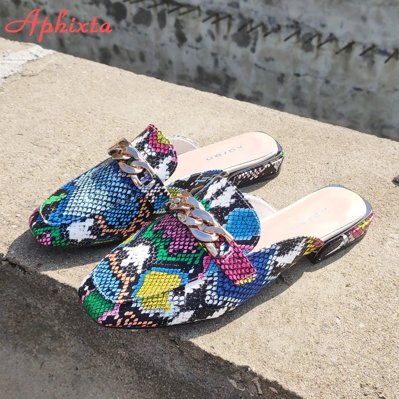 Aphixta New Snake Prints Chain Mules Women Slides Square Toe Shoes Classic Fashion Footwear Plus Large Size 42 43 Slippers