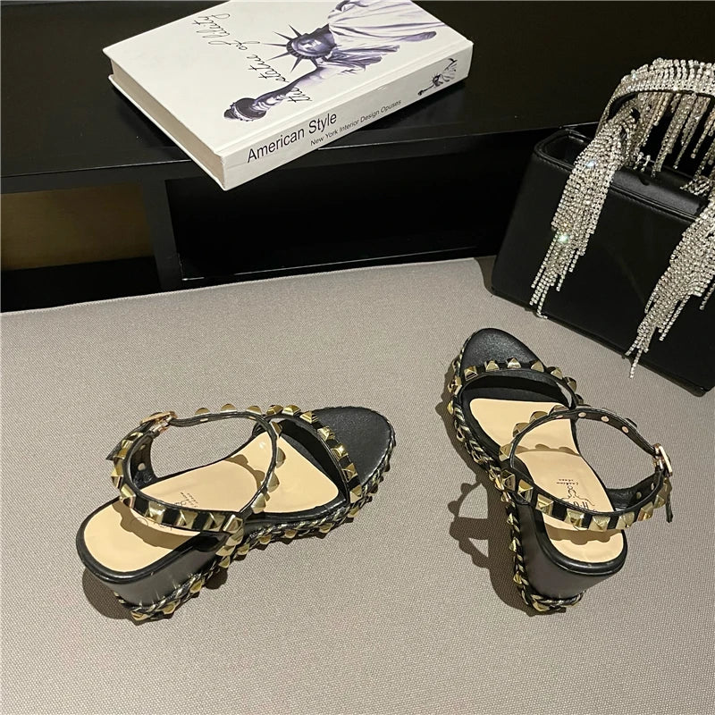 Rivet Rome Women Sandals High Heels Buckle Strap Metal Rattan Weave Platform Wedges Shoes For Women Beach Cane Sandals Open Toe