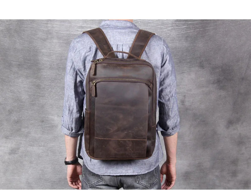 Vintage Men's Crazy Horse Leather Backpack genuine leather Retro Rucksack Large Classic Travel Backpack Big laptop computer bag