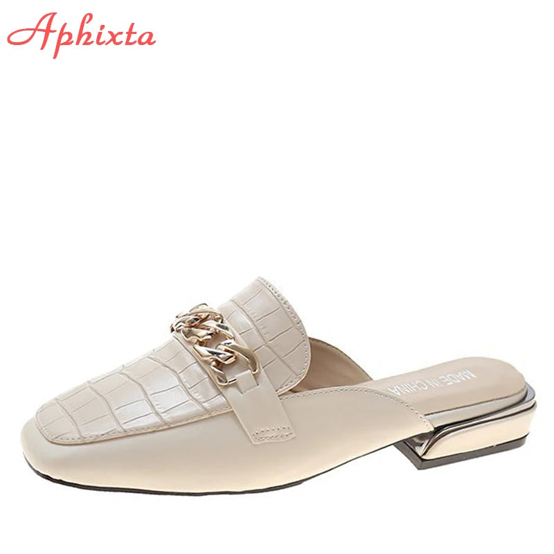 Aphixta New Snake Prints Chain Mules Women Slides Square Toe Shoes Classic Fashion Footwear Plus Large Size 42 43 Slippers