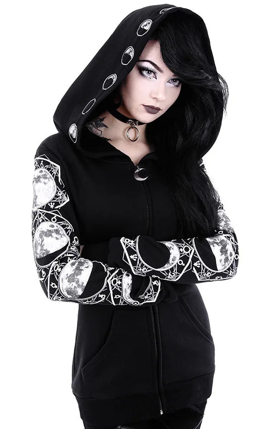 Fashion Trend Women's Punk Black Hoodie Moon Print Long-sleeved Sweater