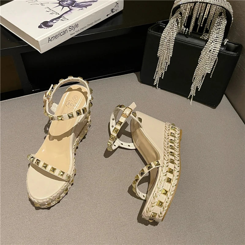 Rivet Rome Women Sandals High Heels Buckle Strap Metal Rattan Weave Platform Wedges Shoes For Women Beach Cane Sandals Open Toe