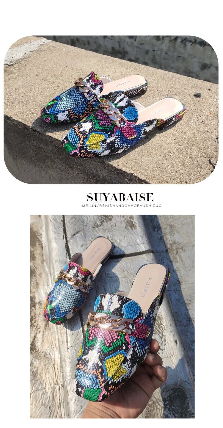 Aphixta New Snake Prints Chain Mules Women Slides Square Toe Shoes Classic Fashion Footwear Plus Large Size 42 43 Slippers