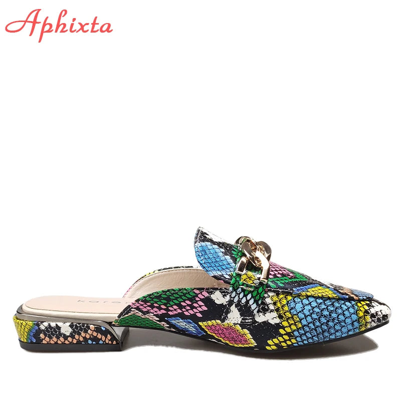 Aphixta New Snake Prints Chain Mules Women Slides Square Toe Shoes Classic Fashion Footwear Plus Large Size 42 43 Slippers