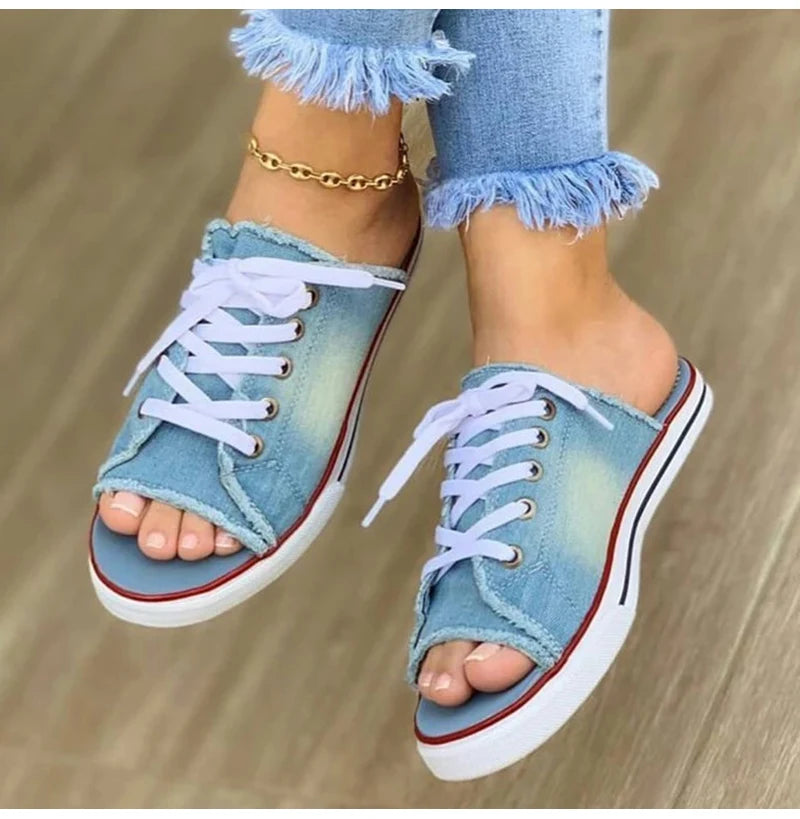 Ladies Slippers Canvas  Lace-up  Open-toed New Flat-Bottom  Casual Women Fashion Denim Beach Shoes 35-43