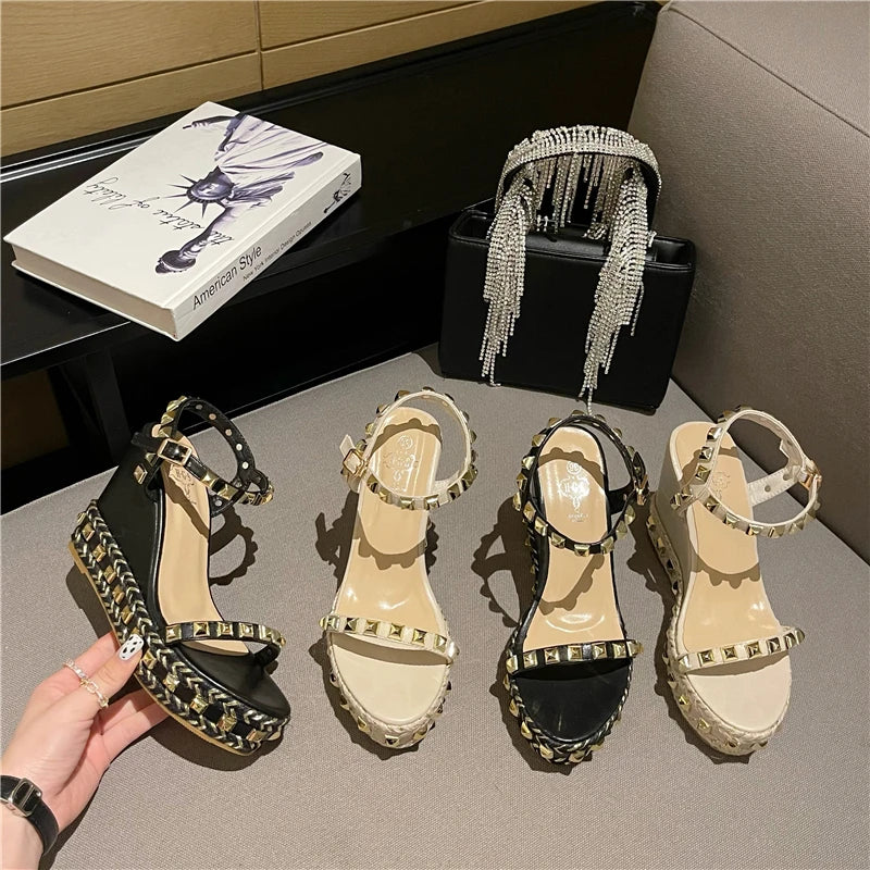 Rivet Rome Women Sandals High Heels Buckle Strap Metal Rattan Weave Platform Wedges Shoes For Women Beach Cane Sandals Open Toe