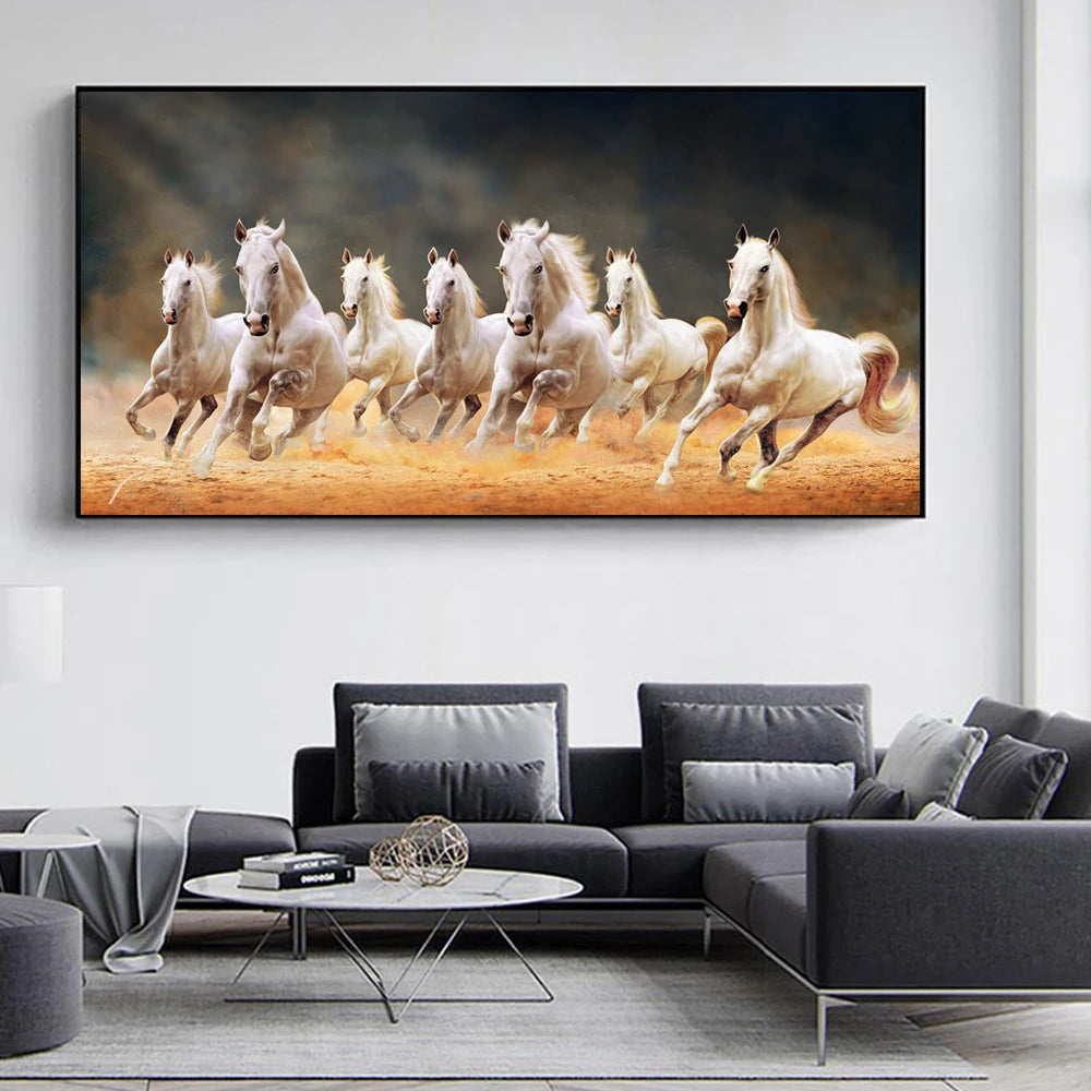 7 White Running Horses Canvas Painting  Animal Posters and Prints Wall Art Picture