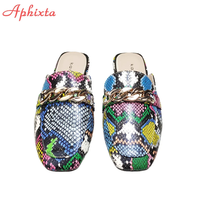 Aphixta New Snake Prints Chain Mules Women Slides Square Toe Shoes Classic Fashion Footwear Plus Large Size 42 43 Slippers