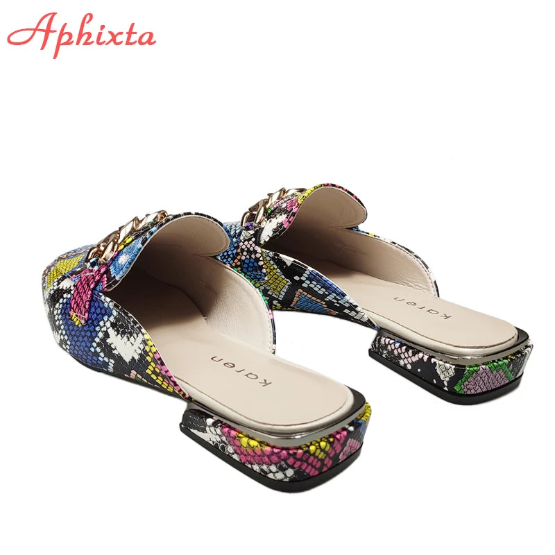 Aphixta New Snake Prints Chain Mules Women Slides Square Toe Shoes Classic Fashion Footwear Plus Large Size 42 43 Slippers