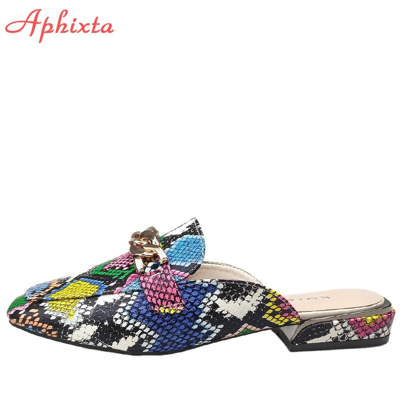 Aphixta New Snake Prints Chain Mules Women Slides Square Toe Shoes Classic Fashion Footwear Plus Large Size 42 43 Slippers