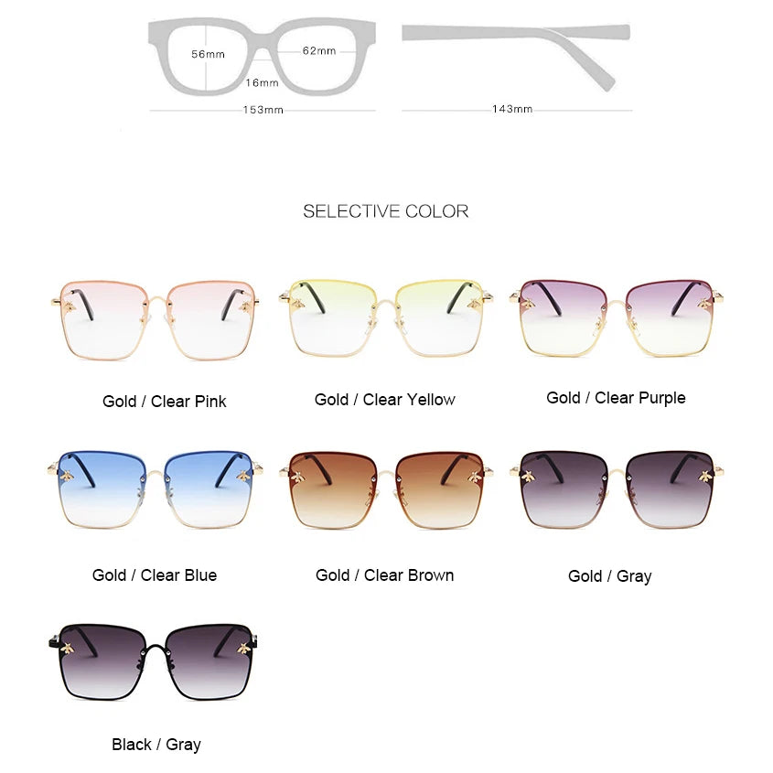 TOYEARN 2024 New Fashion Lady Oversized Rimless Square Sunglasses Women Small Bee Glasses Gradient Sun Glasses For Female  UV400