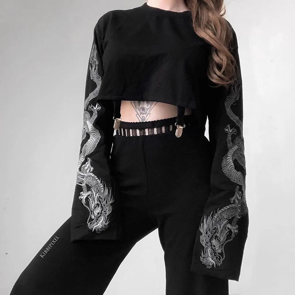 Gothic Punk Dragon Printed Hoodies Cropped Black Sweatshirts Streetwear Long Sleeve Crewneck Blouse Pull Femme Moletom Sudaderas