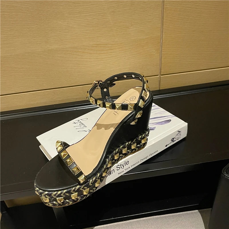 Rivet Rome Women Sandals High Heels Buckle Strap Metal Rattan Weave Platform Wedges Shoes For Women Beach Cane Sandals Open Toe