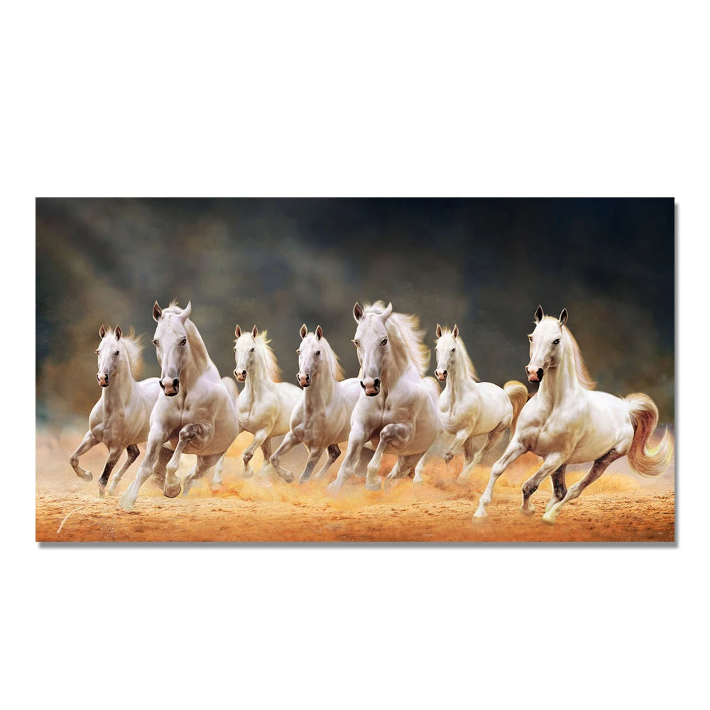 7 White Running Horses Canvas Painting  Animal Posters and Prints Wall Art Picture