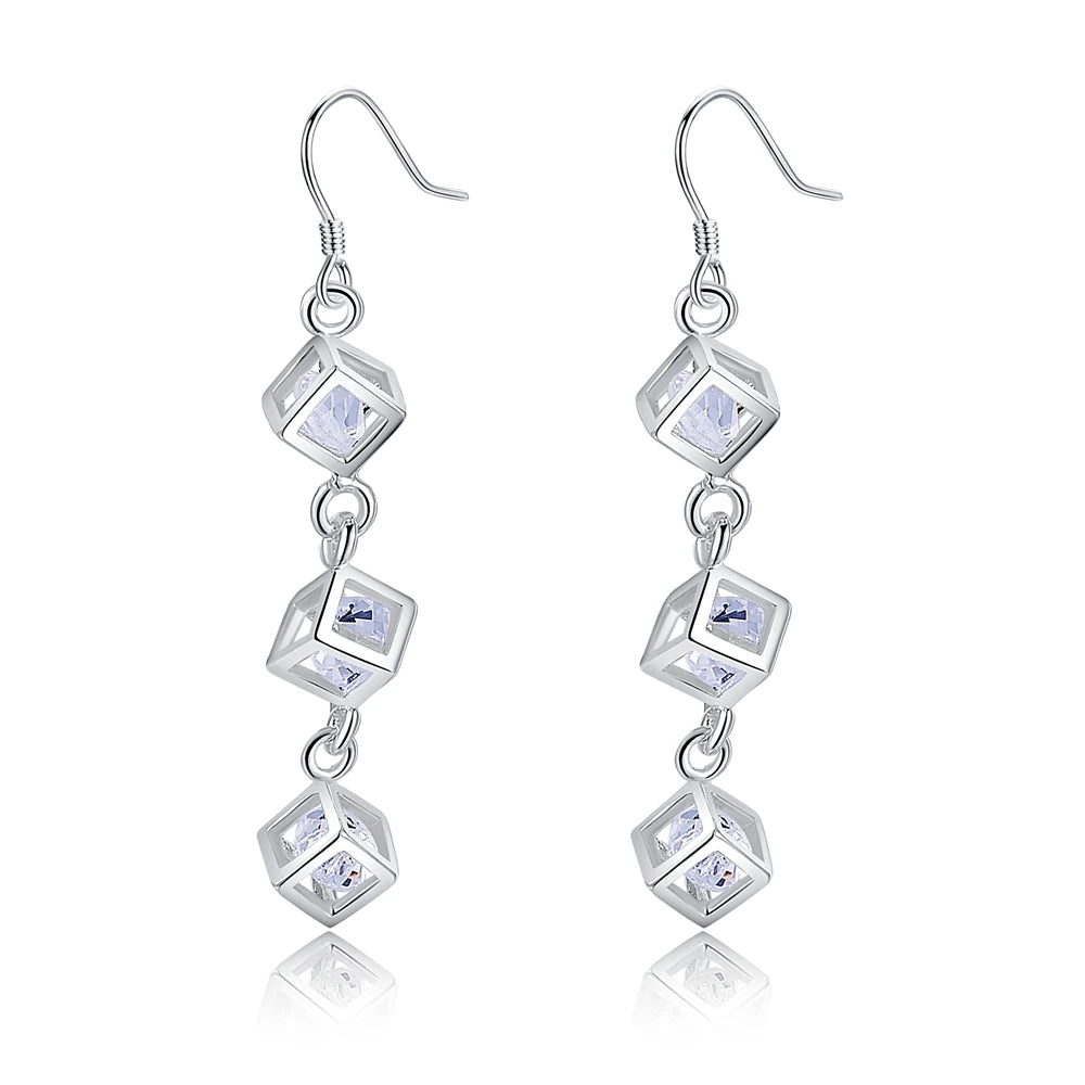 Hot noble 925 Sterling Silver crystal lattice drop Earrings for Woman  fashion party Jewelry wedding Christmas Gifts