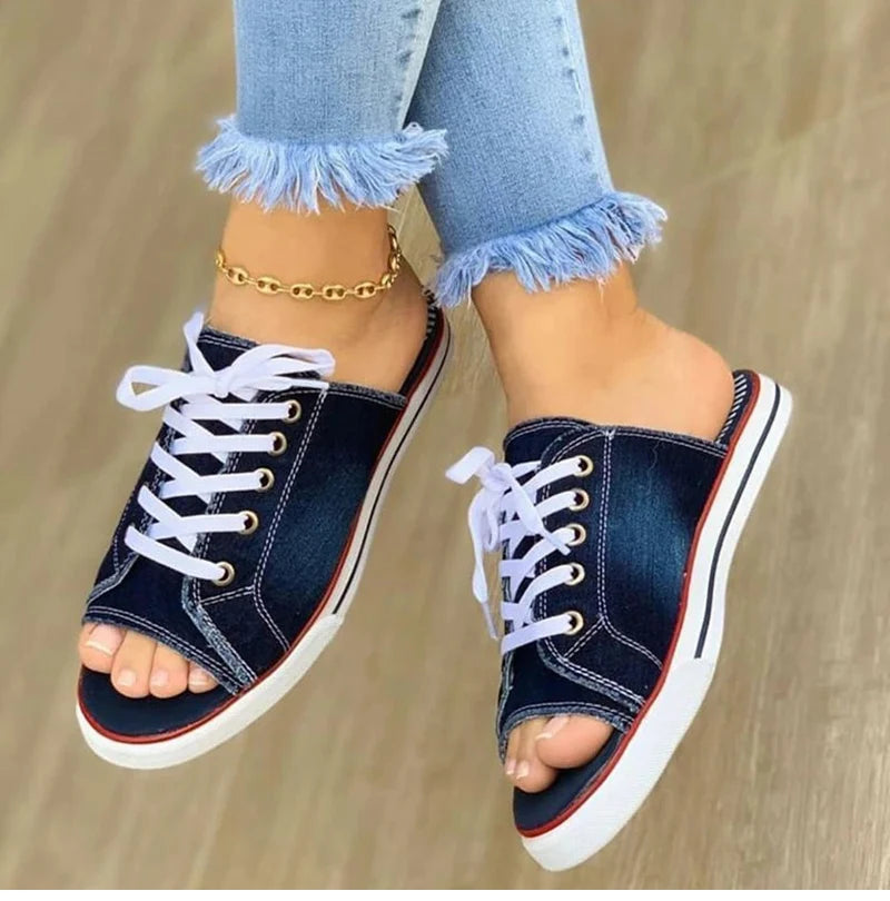 Ladies Slippers Canvas  Lace-up  Open-toed New Flat-Bottom  Casual Women Fashion Denim Beach Shoes 35-43