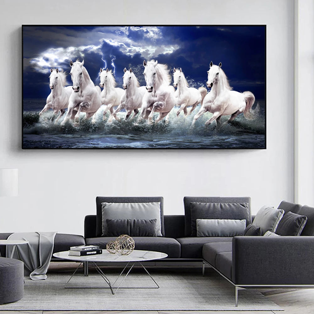 7 White Running Horses Canvas Painting  Animal Posters and Prints Wall Art Picture