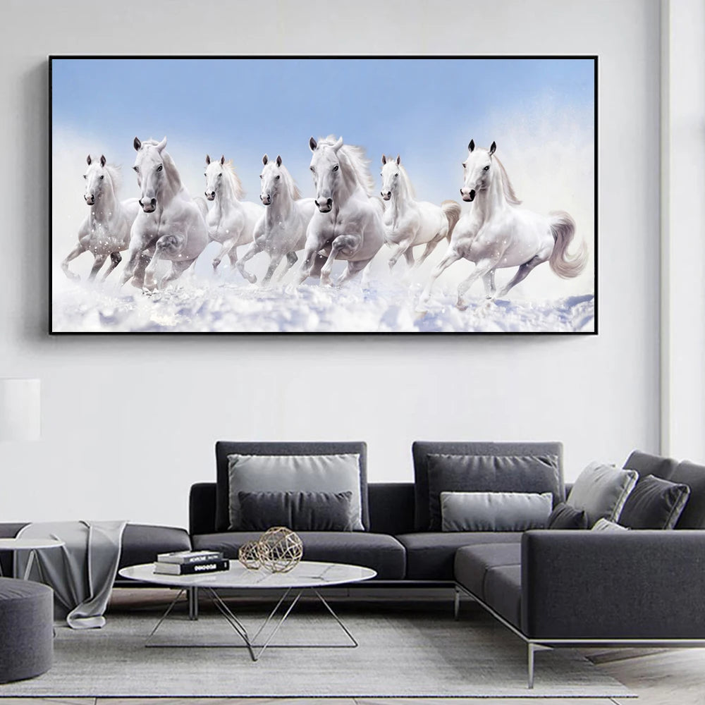 7 White Running Horses Canvas Painting  Animal Posters and Prints Wall Art Picture