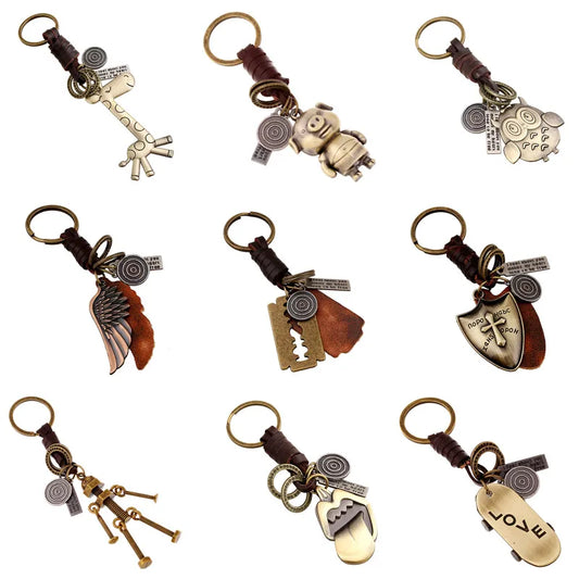 Modyle 2023 New Fashion Genuine Leather KeyChain Punk Rock Vintage Metal Key Chains for Man Woman Jewelry Gifts