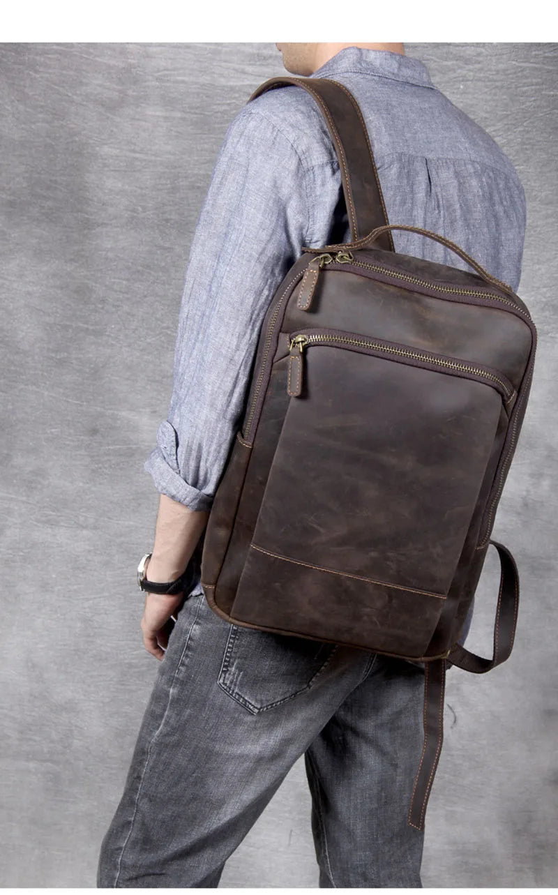 Vintage Men's Crazy Horse Leather Backpack genuine leather Retro Rucksack Large Classic Travel Backpack Big laptop computer bag