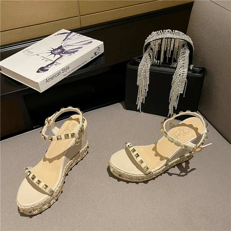 Rivet Rome Women Sandals High Heels Buckle Strap Metal Rattan Weave Platform Wedges Shoes For Women Beach Cane Sandals Open Toe