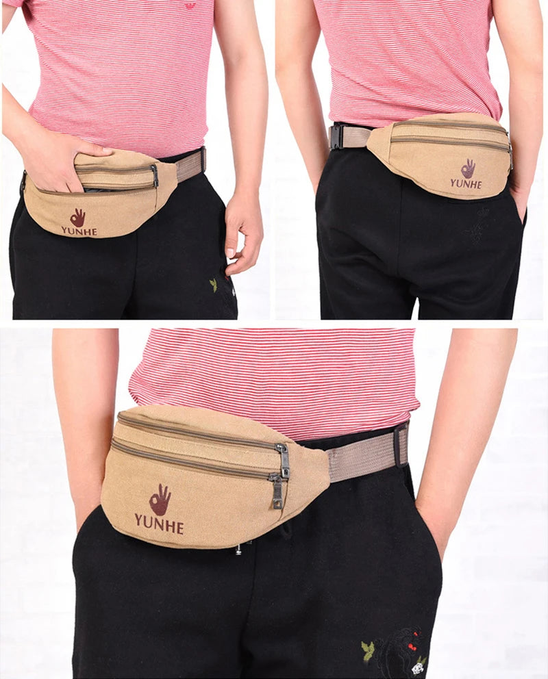 Male Casual Functional Waist Bag Fashional Canvas Purse Creative Ok Gestures Purse Waist Package for Man Canvas Hip Bag