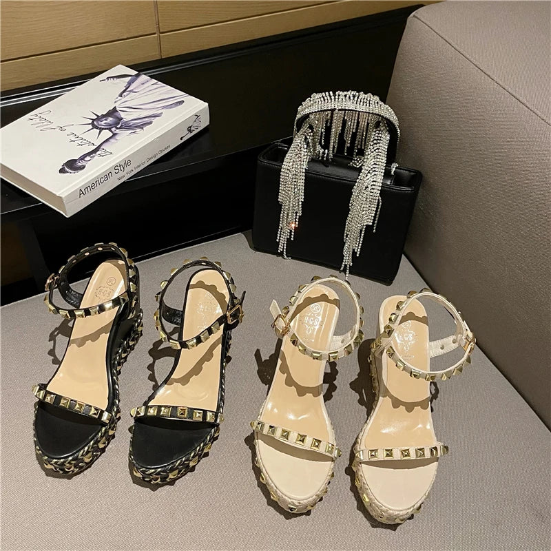 Rivet Rome Women Sandals High Heels Buckle Strap Metal Rattan Weave Platform Wedges Shoes For Women Beach Cane Sandals Open Toe