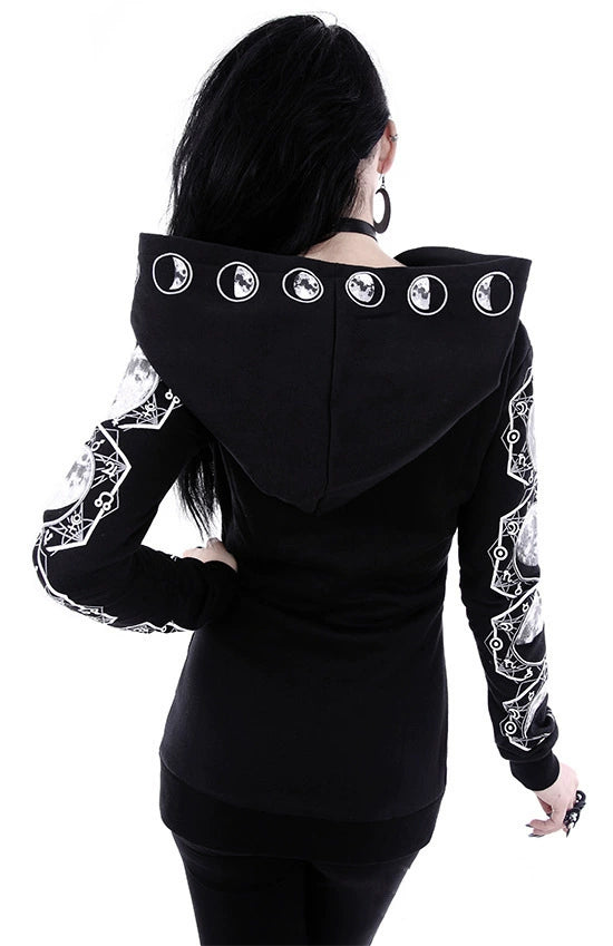 Fashion Trend Women's Punk Black Hoodie Moon Print Long-sleeved Sweater