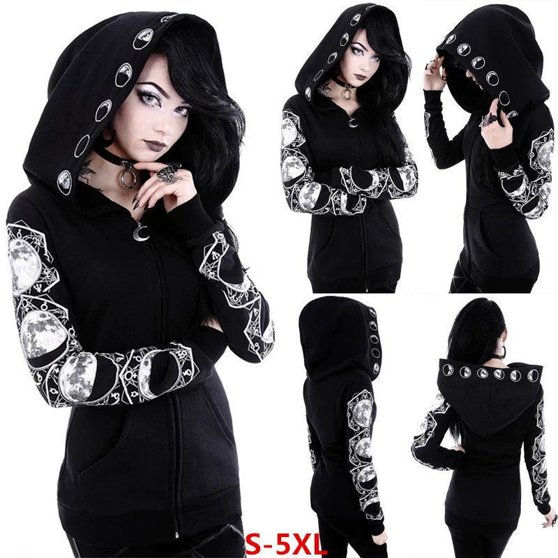 Fashion Trend Women's Punk Black Hoodie Moon Print Long-sleeved Sweater