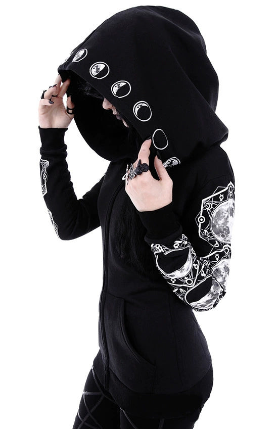 Fashion Trend Women's Punk Black Hoodie Moon Print Long-sleeved Sweater