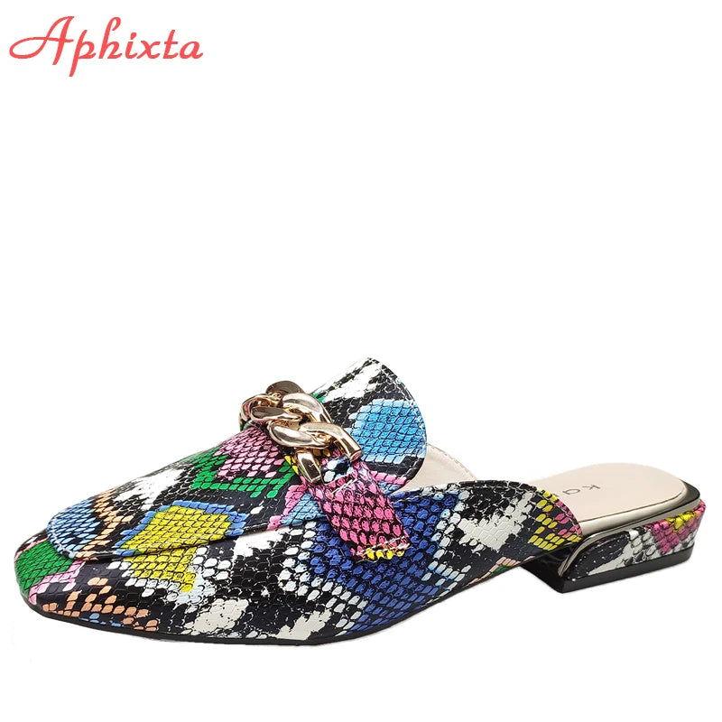 Aphixta New Snake Prints Chain Mules Women Slides Square Toe Shoes Classic Fashion Footwear Plus Large Size 42 43 Slippers