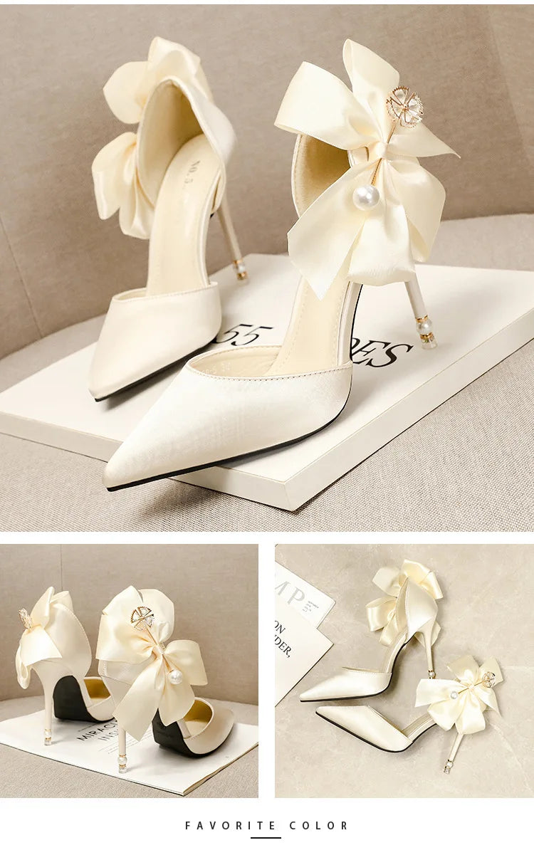 2023 New Bow-knot Women Pumps Designer Shoes High Heels Sandals Women Satin Stiletto Heels Sexy Pearl Wedding Shoes Plus Size 43