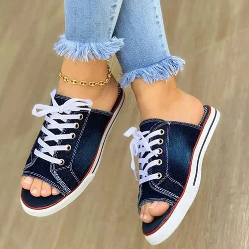 Ladies Slippers Canvas  Lace-up  Open-toed New Flat-Bottom  Casual Women Fashion Denim Beach Shoes 35-43