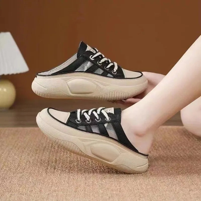 Retro Casual Beach Shoes for Women Summer Half Slippers Baotou Hollow Lace Up Platform Sandals Ladies Outdoor Pu Slipper