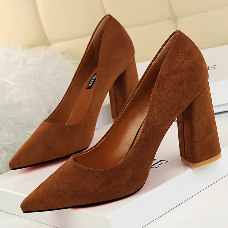 Women 8.5cm High Heels Elegant Pumps Lady Wedding Block Heels Scarpins Flock Suede Red Brown Nightclub Event Party Office Shoes