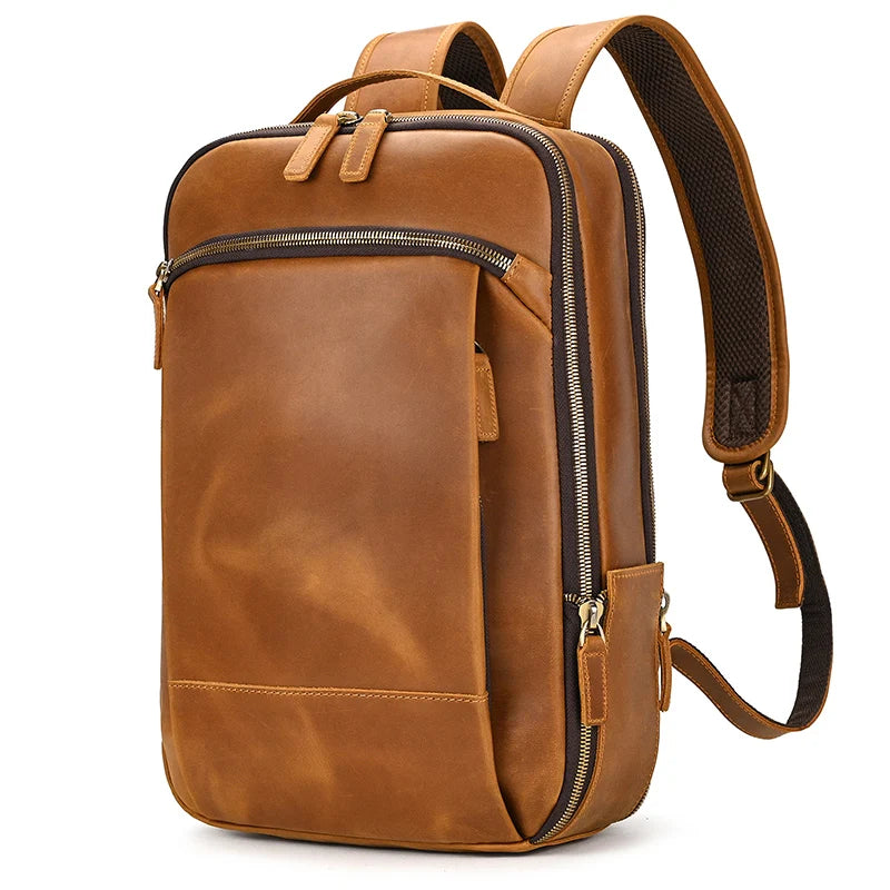 Vintage Men's Crazy Horse Leather Backpack genuine leather Retro Rucksack Large Classic Travel Backpack Big laptop computer bag