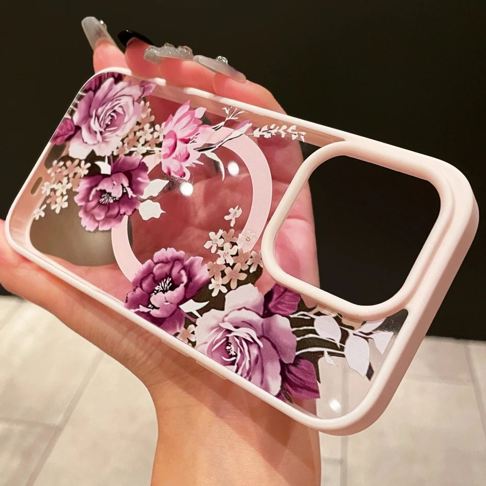 Luxury Flower Pattern Magnetic For Magsafe Candy Frame Case For iPhone 16 15 14 13 12 11 Pro Max Pro Max Wireless Charge Cover