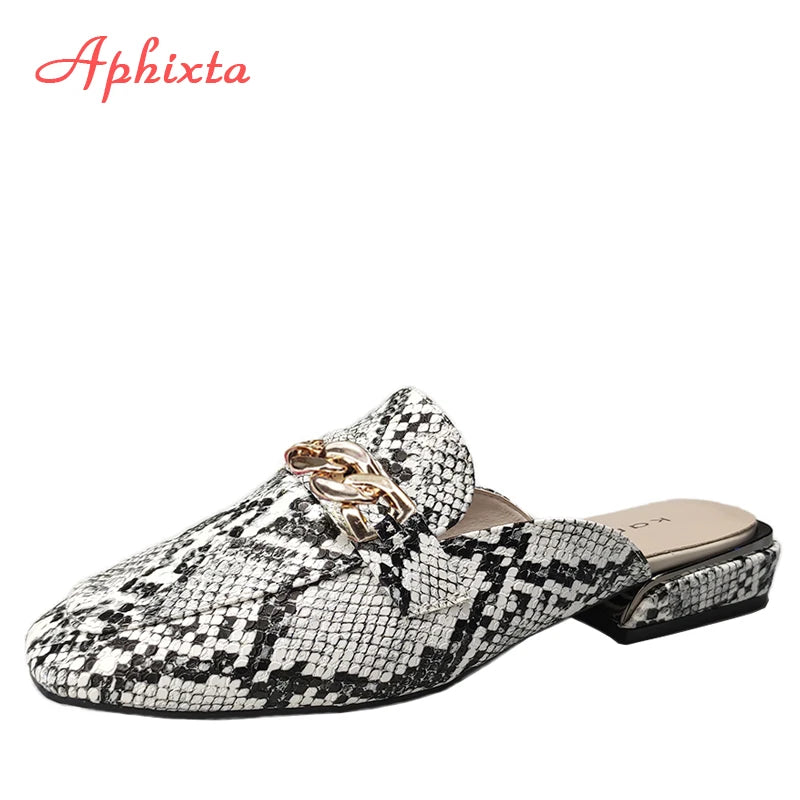 Aphixta New Snake Prints Chain Mules Women Slides Square Toe Shoes Classic Fashion Footwear Plus Large Size 42 43 Slippers