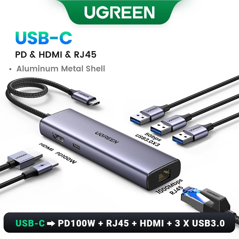 UGREEN USB Ethernet Adapter 1000/100Mbps USB3.0 HUB RJ45 Lan for Laptop PC Xiaomi Mi Box Macbook Windows USB-C HUB Network Card