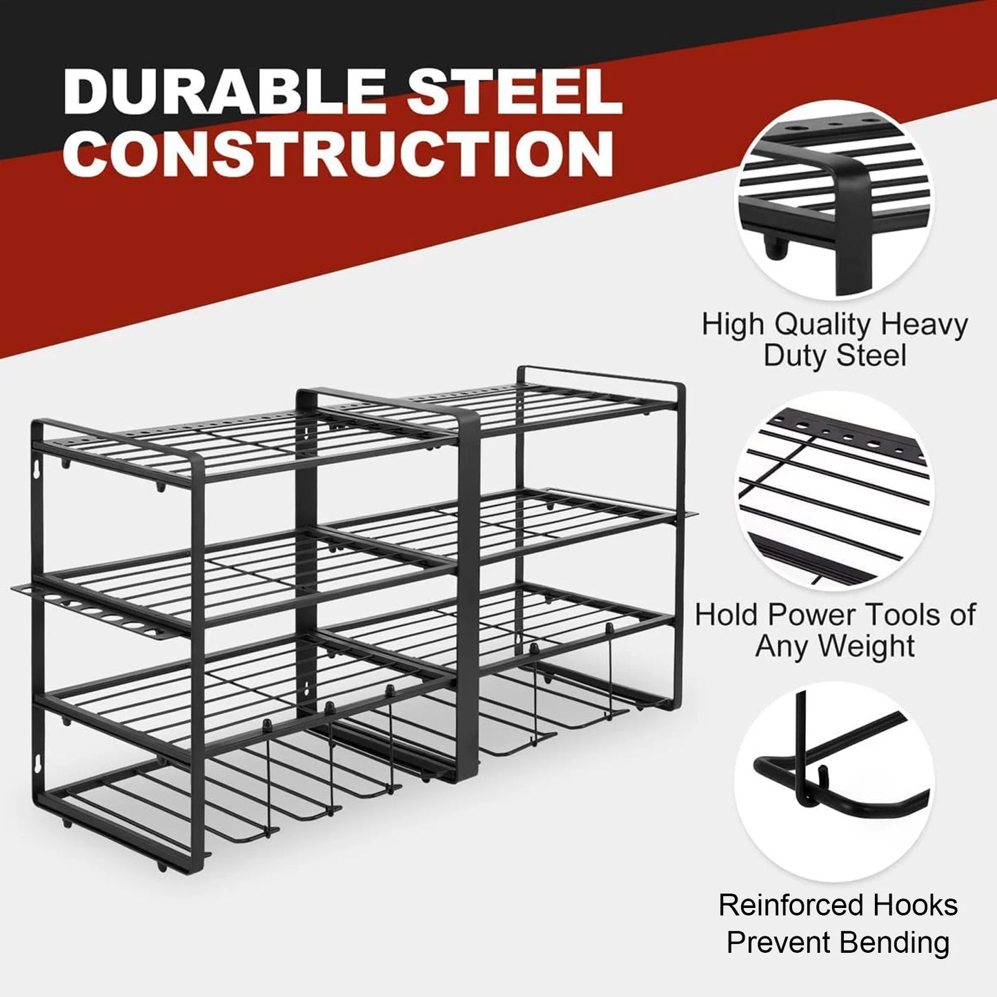 Power Tool Organizer Wall Mount 4 Layer Garage Storage Rack for Drill Screwdriver Power Tool Storage Rack Garage Tool Organizer