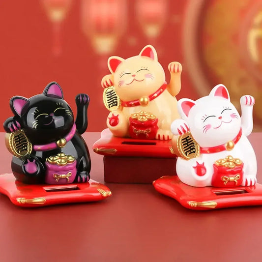 Solar Powered Maneki Neko Lucky Cat Welcoming Chinese Lucky Cat Waving Hand Beckoning Fortune Cat Figurines For Home Decor