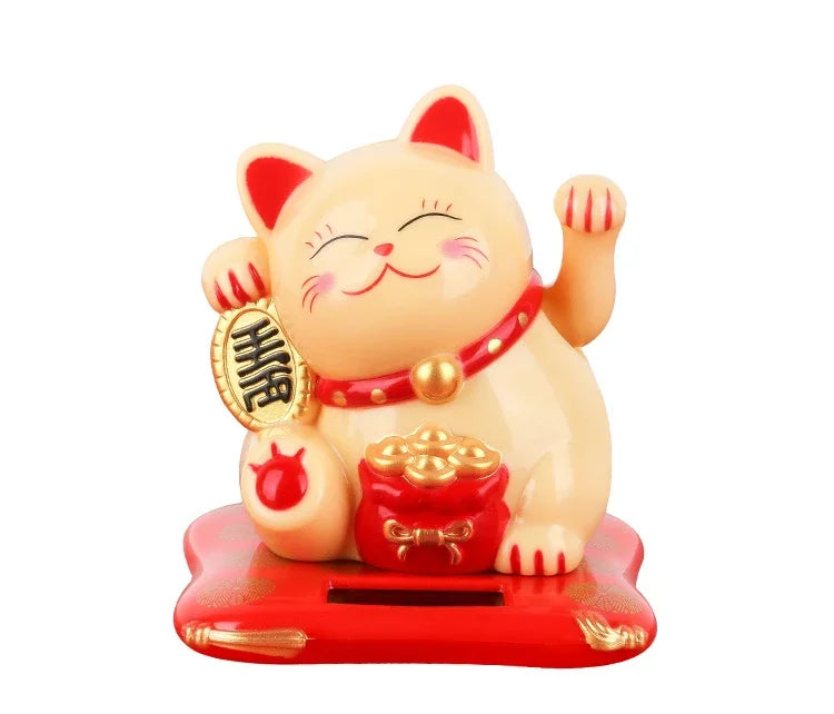 Solar Powered Maneki Neko Lucky Cat Welcoming Chinese Lucky Cat Waving Hand Beckoning Fortune Cat Figurines For Home Decor