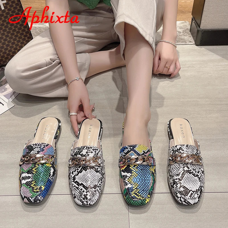 Aphixta New Snake Prints Chain Mules Women Slides Square Toe Shoes Classic Fashion Footwear Plus Large Size 42 43 Slippers