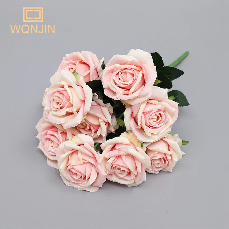 WQNJIN Red Yellow Simulation Rose Bouquet Wedding Flowers 10 Heads Fake Roses Artificial Flower Silk Flowers Home Decoration