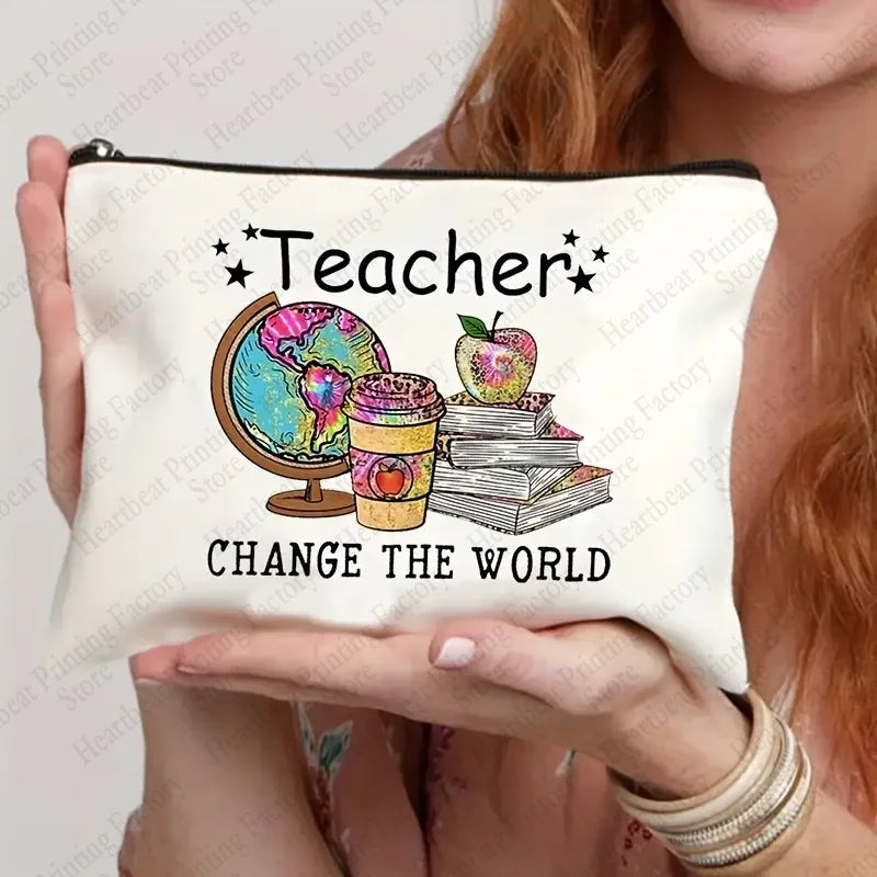 Teacher Change The World Print Cosmetics Bags Toiletry Bag Graduation Gift for Teachers Back To School Pencil Case for Teacher